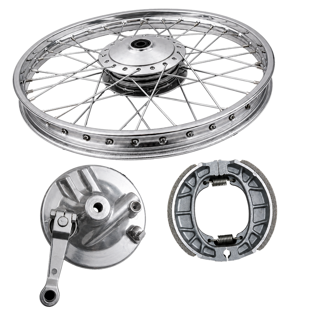 WHEEL RIM COMPLETE WITH PANEL PLATE &amp; BRAKE SHOE CDI70 FRONT BIG HOLE OEM QUALITY (BOX PACK) 2003