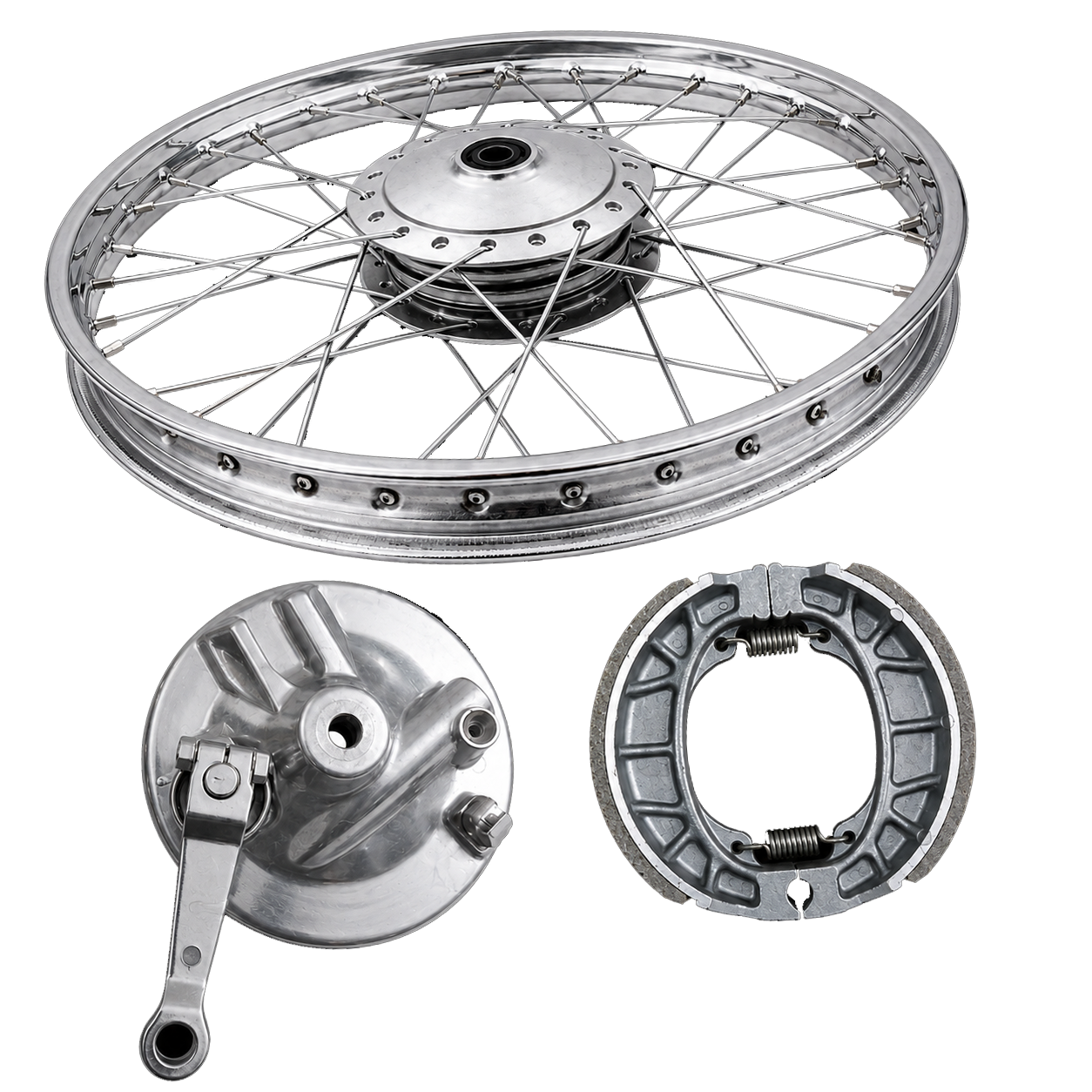 WHEEL RIM COMPLETE WITH PANEL PLATE &amp; BRAKE SHOE CDI70 FRONT BIG HOLE OEM QUALITY (BOX PACK) 2003