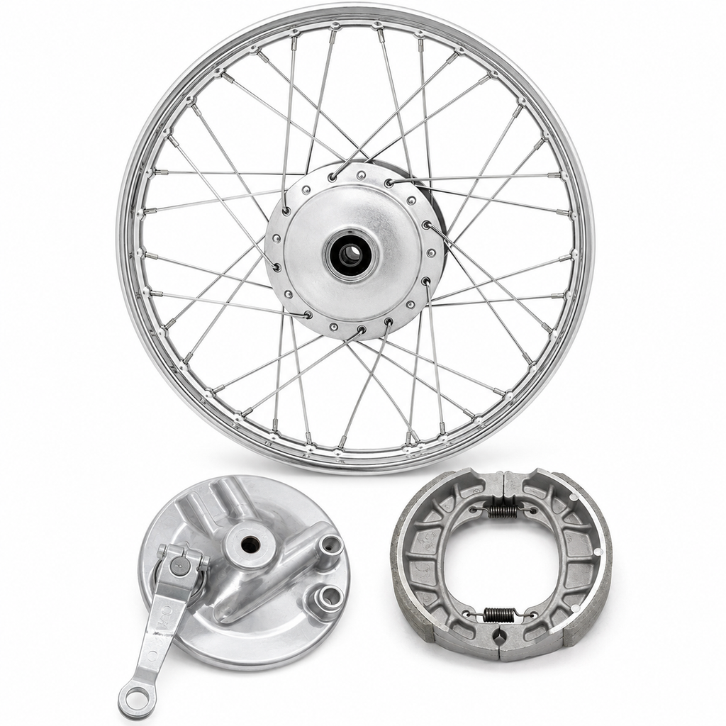 WHEEL RIM COMPLETE WITH PANEL PLATE &amp; BRAKE SHOE CDI70 FRONT BIG HOLE OEM QUALITY (BOX PACK) 2003