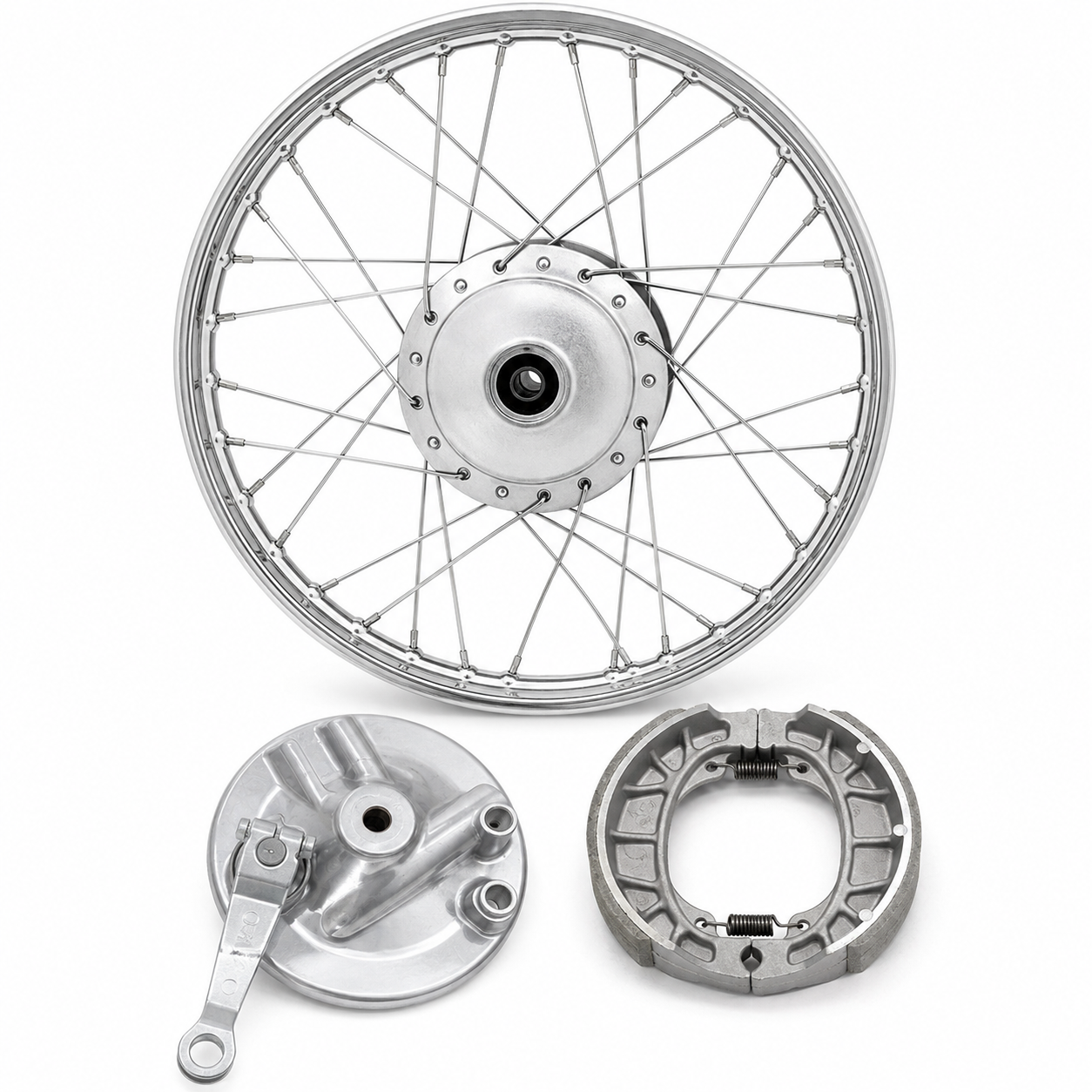 WHEEL RIM COMPLETE WITH PANEL PLATE &amp; BRAKE SHOE CDI70 FRONT BIG HOLE OEM QUALITY (BOX PACK) 2003