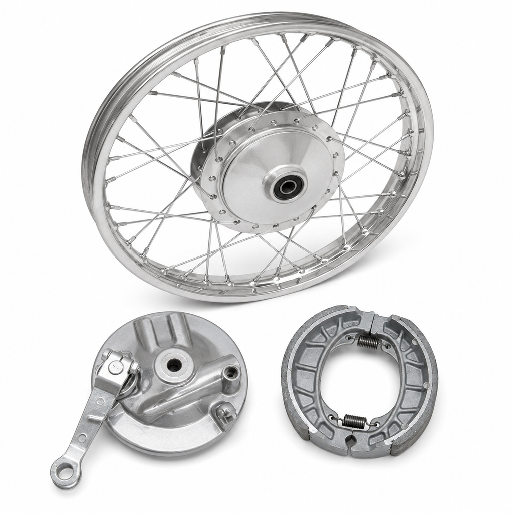 WHEEL RIM COMPLETE WITH PANEL PLATE &amp; BRAKE SHOE CDI70 FRONT BIG HOLE OEM QUALITY (BOX PACK) 2003